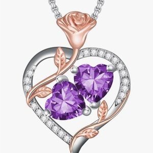 Rose and Heart February Birthstone Necklace NEW
